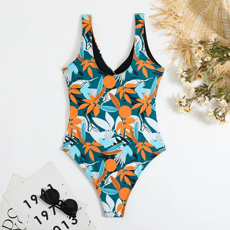 Women's high-waist one-piece swimsuit with printed pattern in polyester and nylon fabric