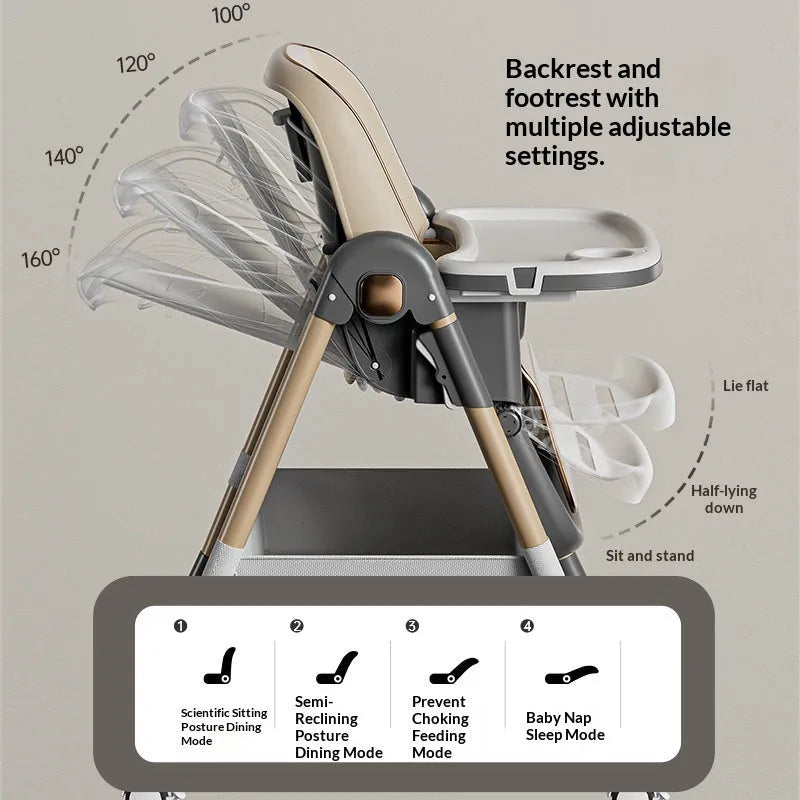 Adjustable baby dining chair with metal frame for babies over 6 months, shown in brown, white, grey, pink, or green.