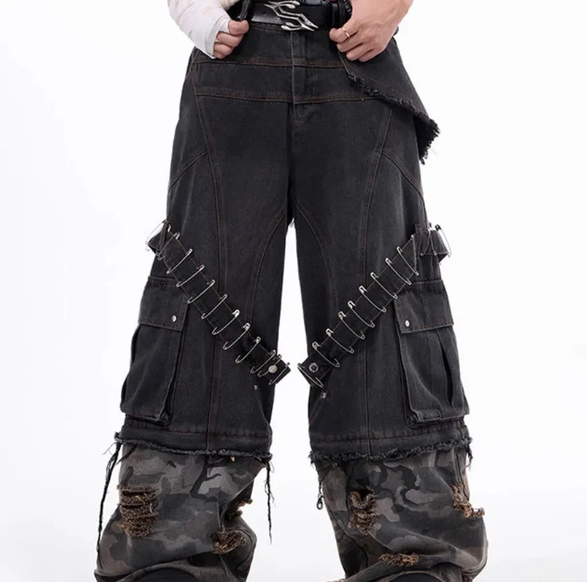 Men's grey camouflage jeans with pin and ribbon detailing on cotton denim fabric