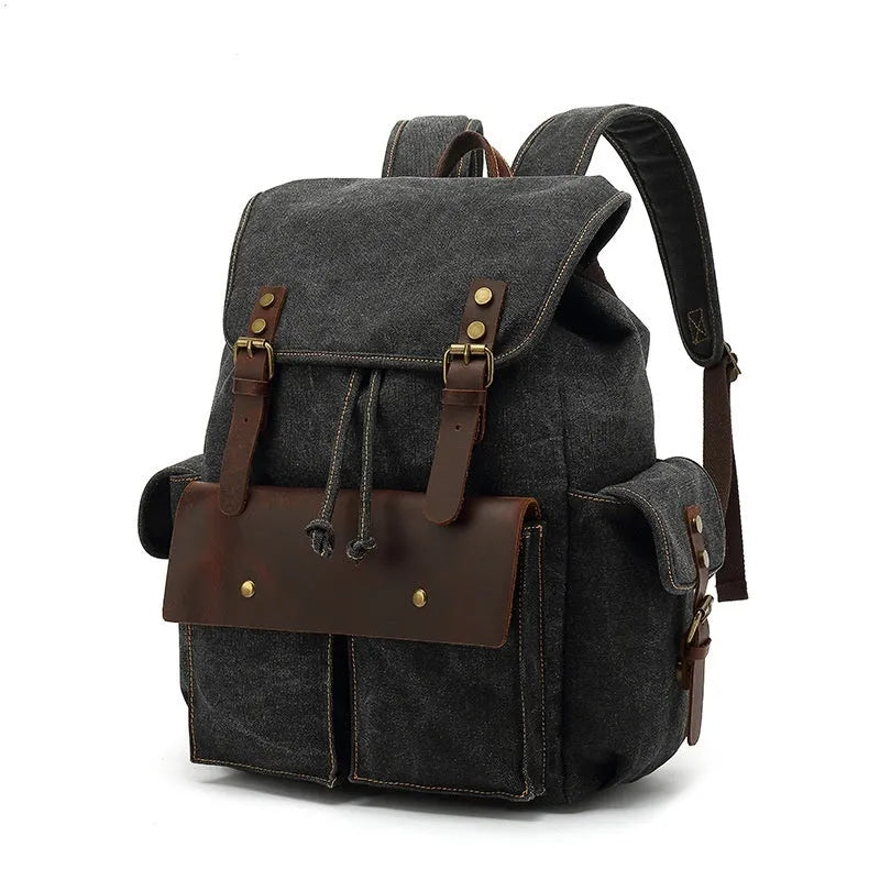 Retro wear resistant canvas backpack in military green with antique bronze hardware, showing front and side profiles.