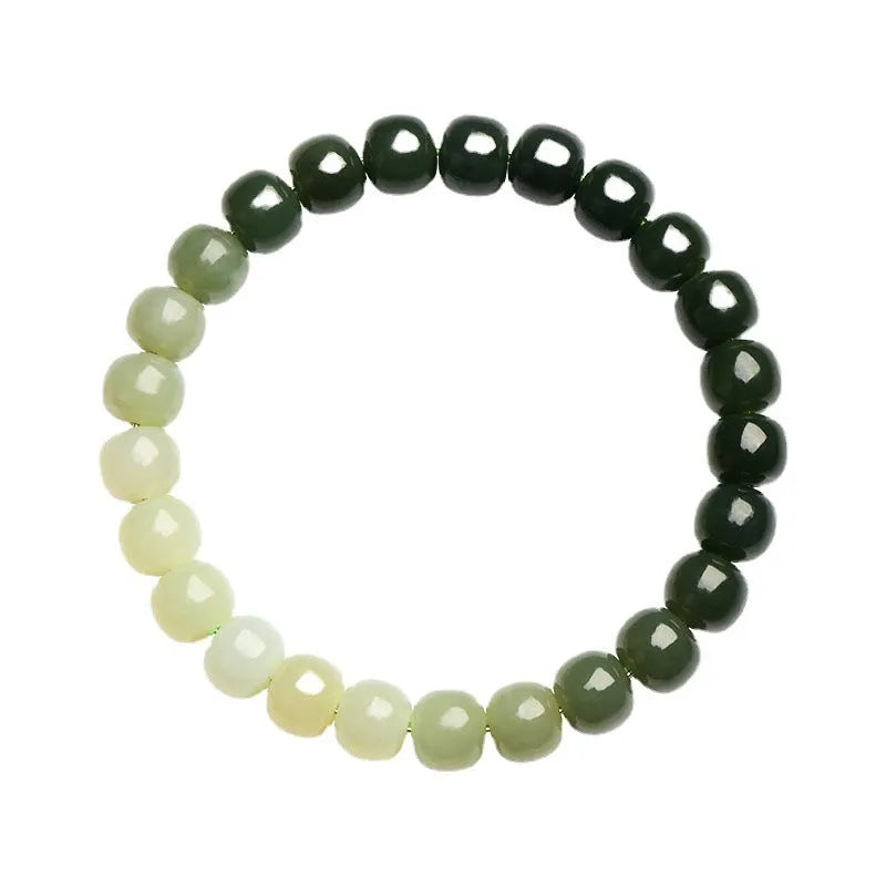 Natural Hetian jade bracelet with water gradient colour beads in two size options.