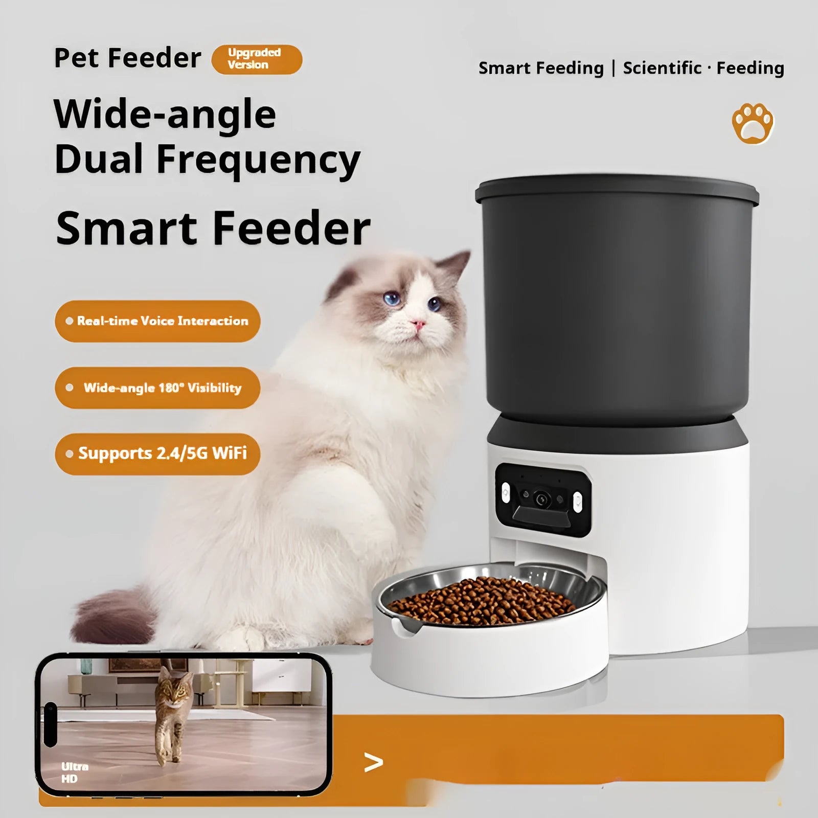 4L smart automatic pet feeder for cats and dogs with stainless steel bowl and camera