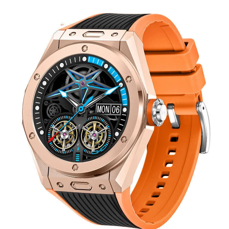 Mv58 smart watch in black with silicone strap, showing time on 1.28-inch screen.