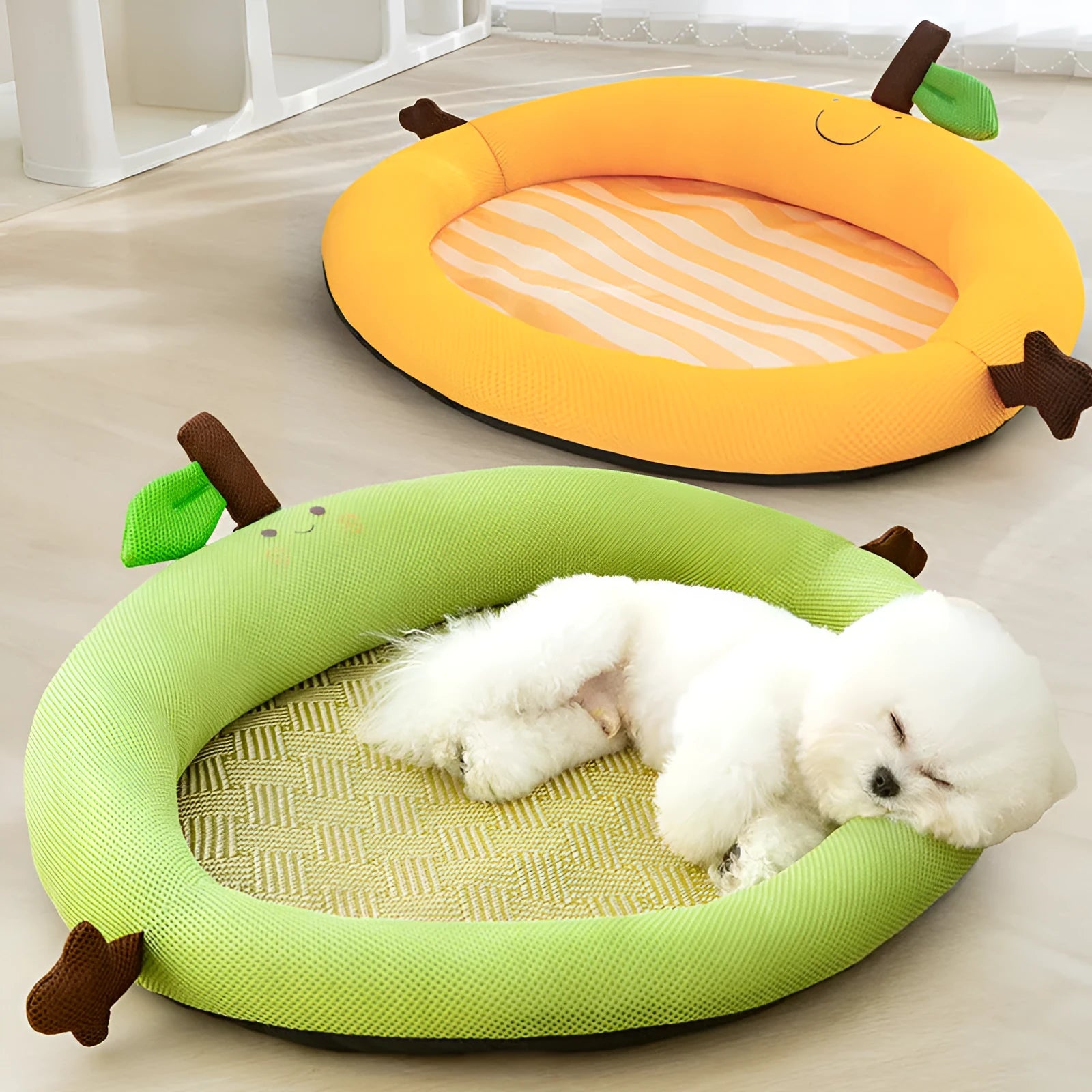 Green fruit-shaped backrest pet nest bed with cooling mat for dogs and cats