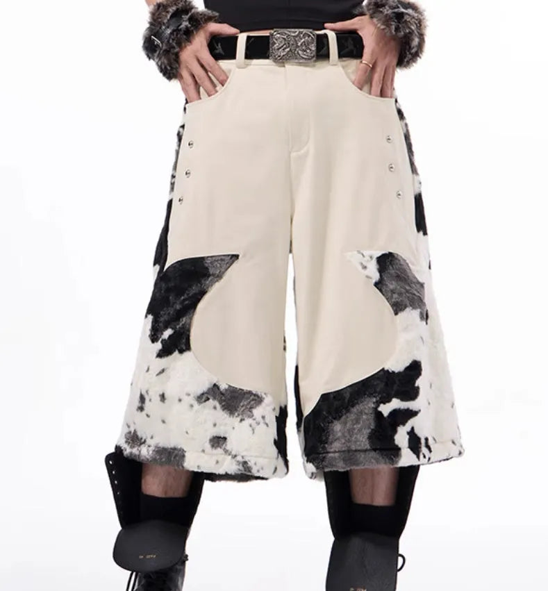 Stitching milk fibre fur cropped pants with personalised checkered, striped, printed or embroidered patterns