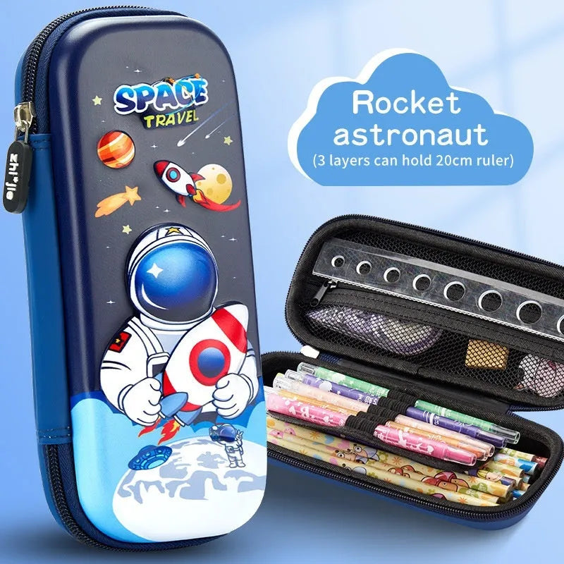 3D leather pencil case showing embossed astronaut and dinosaur design options.