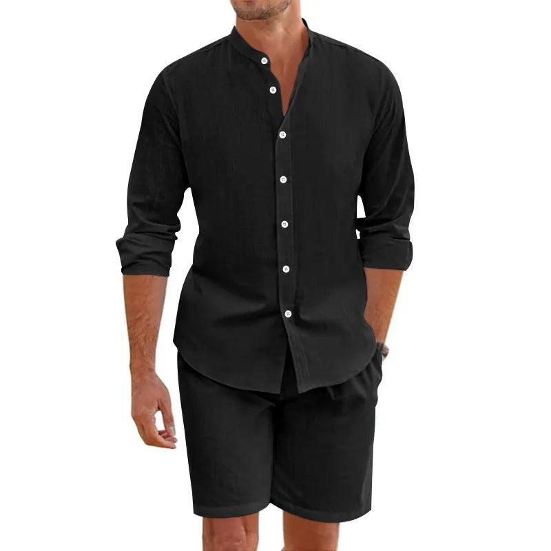 Men's linen summer suit with button-down short sleeve shirt and drawstring shorts in five colour options