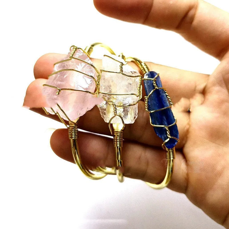Natural crystal rough stone bracelet with gold winding geometric design in mixed colours