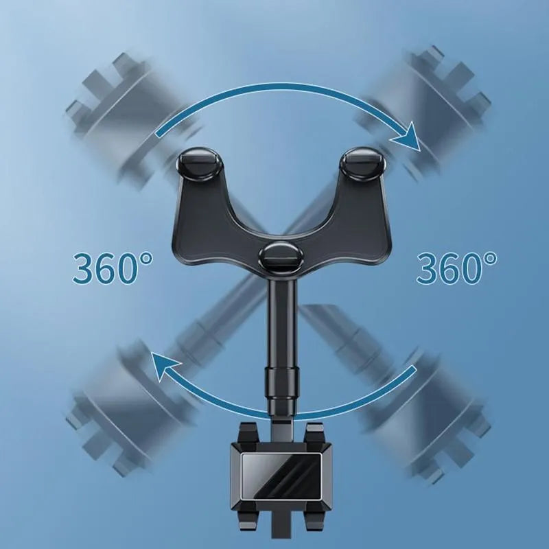 Black rearview mirror phone holder with 360° rotating head and retractable arm extended