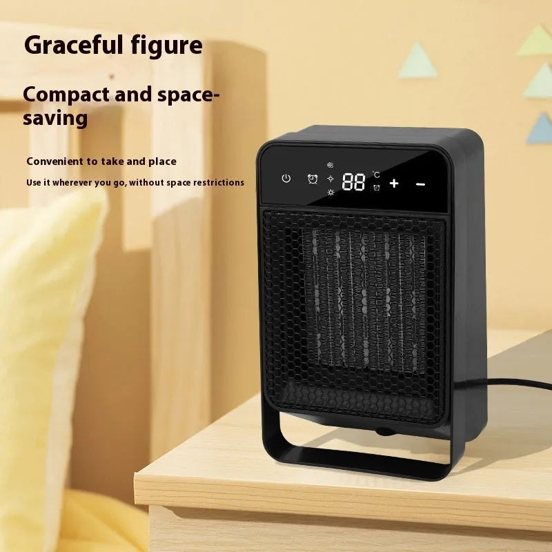 Desktop warm air blower electric heater with touch screen display and remote control on desk
