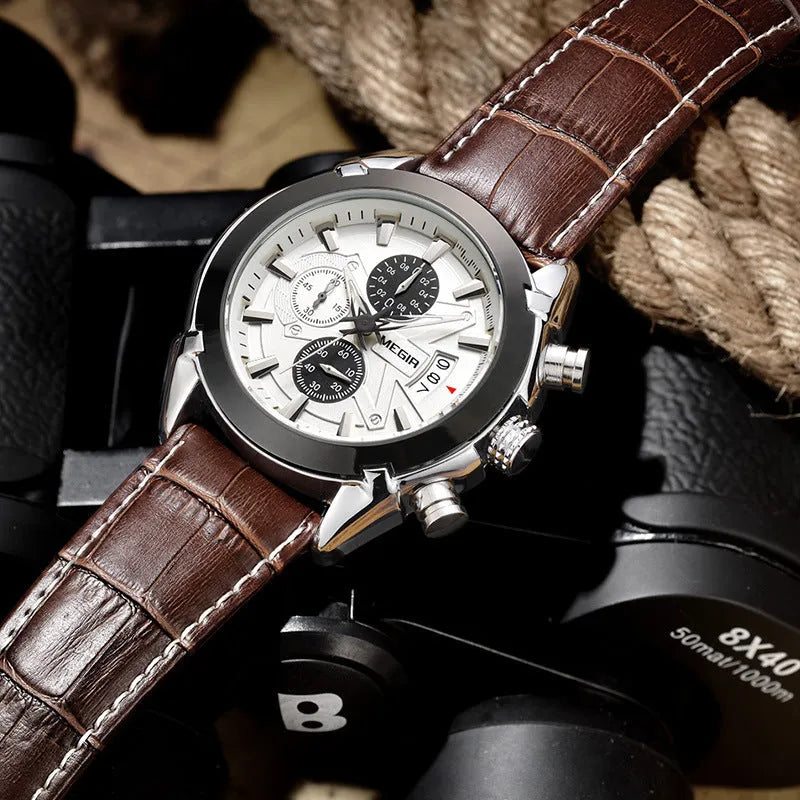 Men's multifunctional quartz chronograph watch with three sub-dials and luminous markers