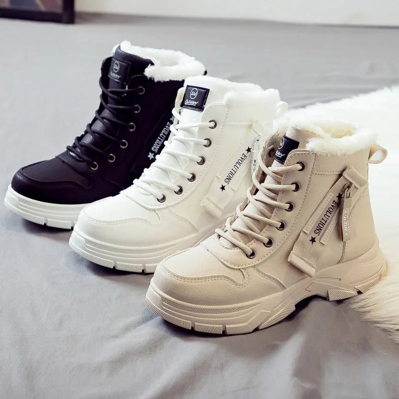 Plus size women's calf-high snow boots with lace-up front and round toe in black, khaki, or white.