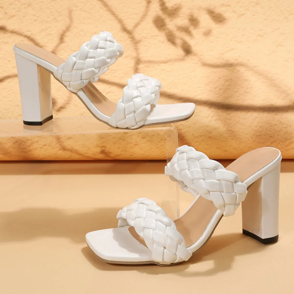 Women's square toe flip-flops with chunky heel and woven twisted upper in white colour