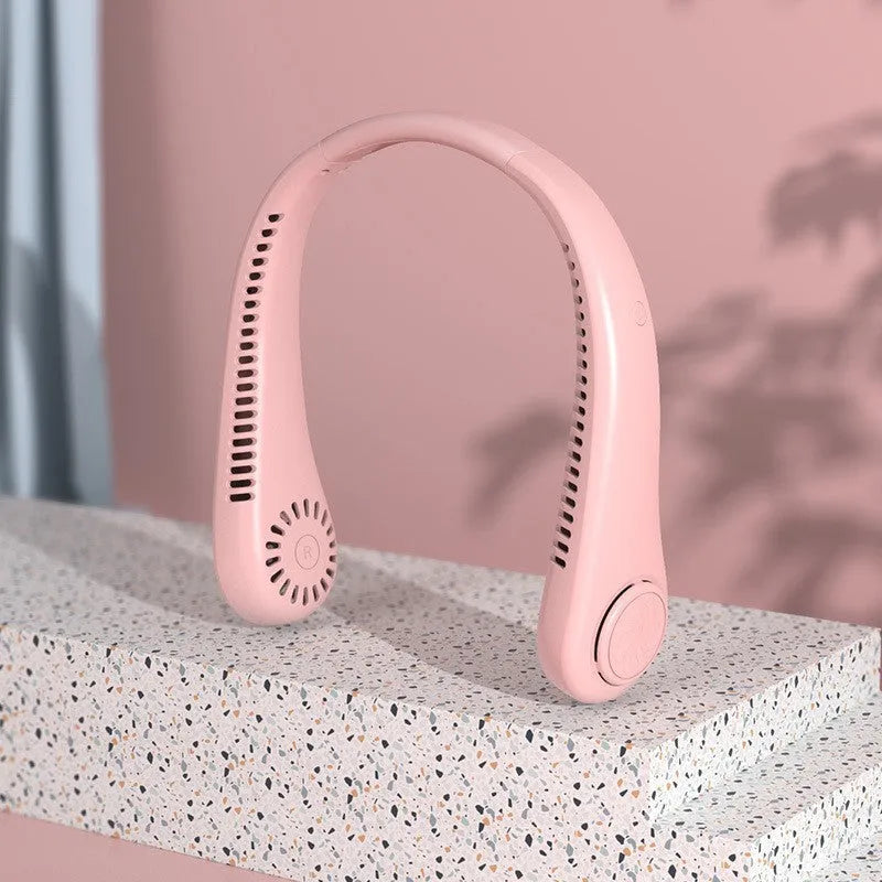 White USB rechargeable bladeless neck fan showing ergonomic neckband and streamlined air outlet