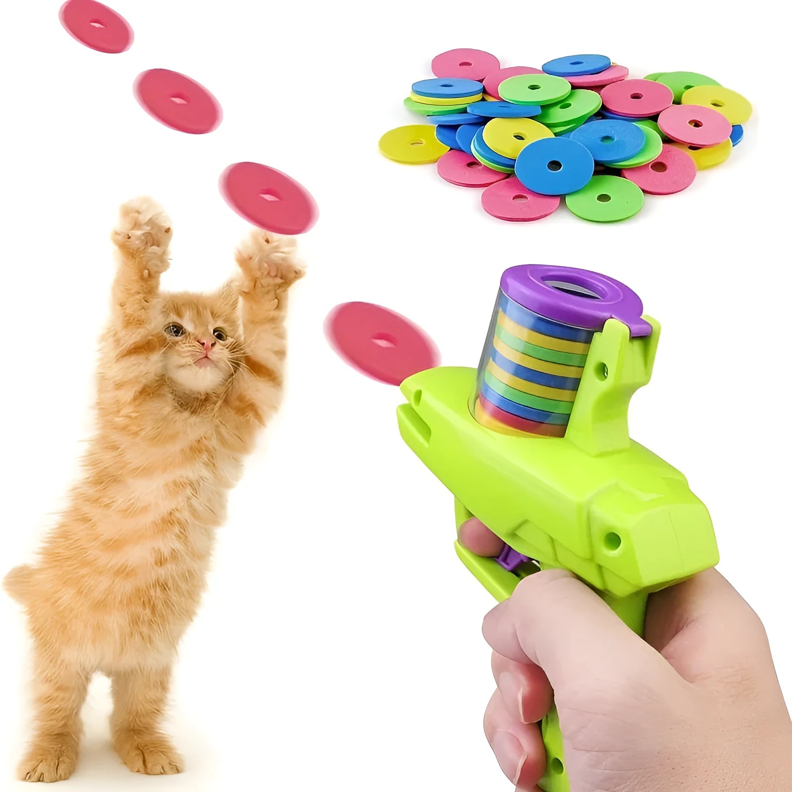 Green and purple battery-free interactive cat toy launcher with foam discs