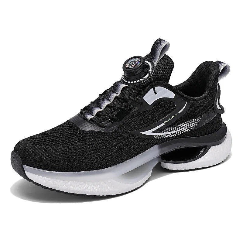 Men's white running shoes with rotating button closure and breathable mesh upper in low-top Korean style design
