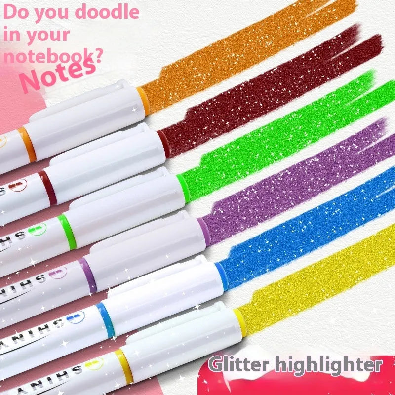 Four glitter fluorescent highlighter pens with 4mm slanted tips in pastel colours including taro and peach shades