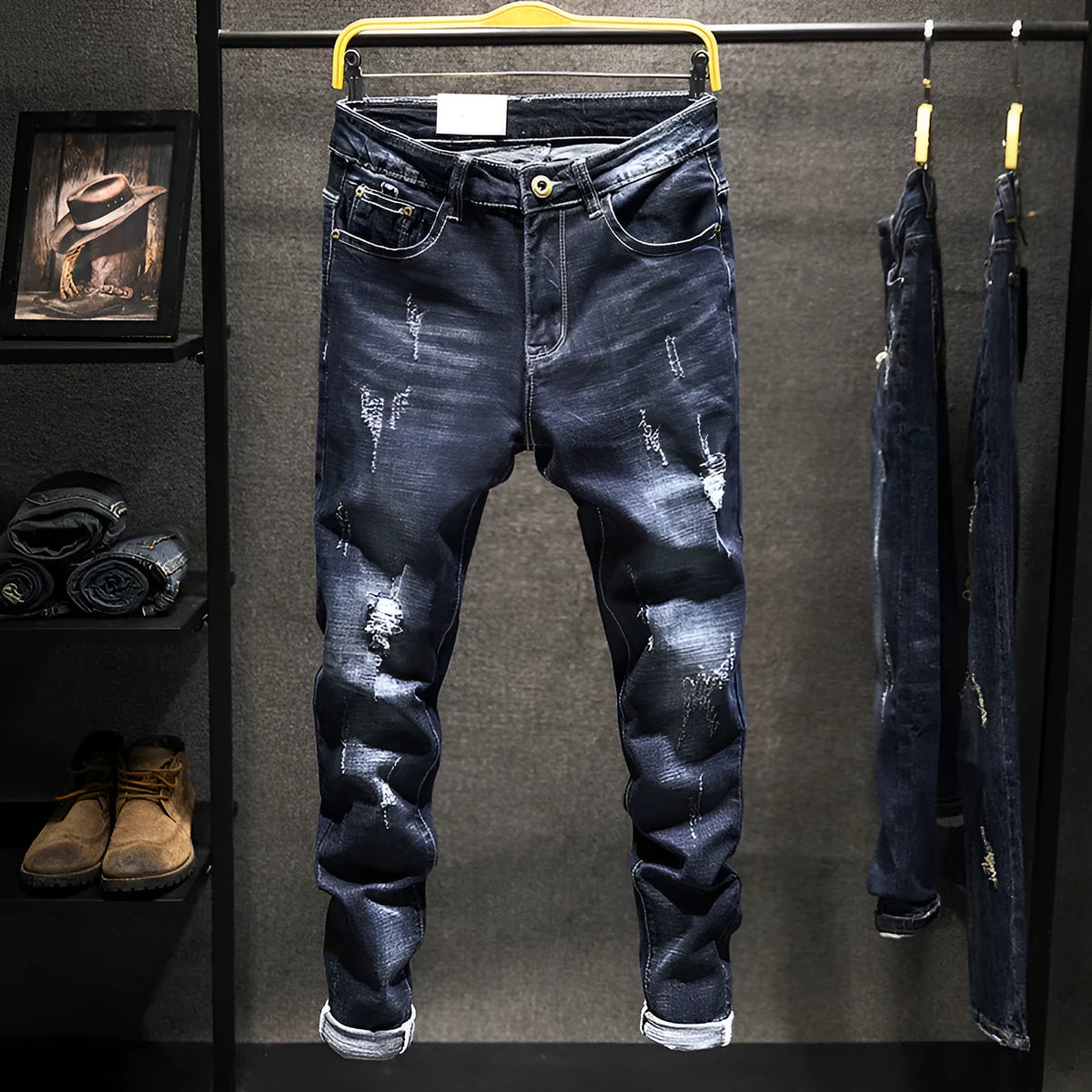 Men's slim-fit skinny jeans in dark blue and light blue cotton denim with mid waist design