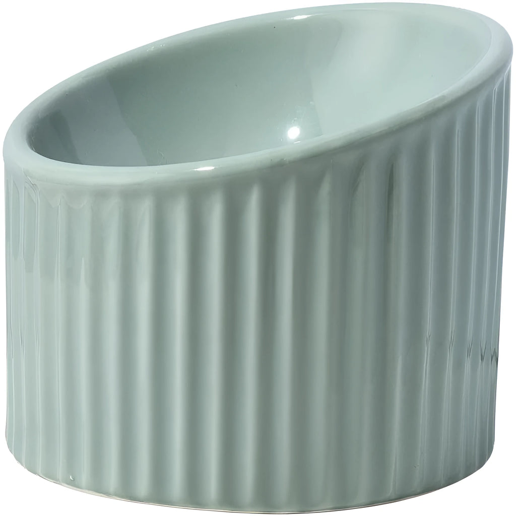 Ceramic elevated cat bowl in green colour with raised feeding design