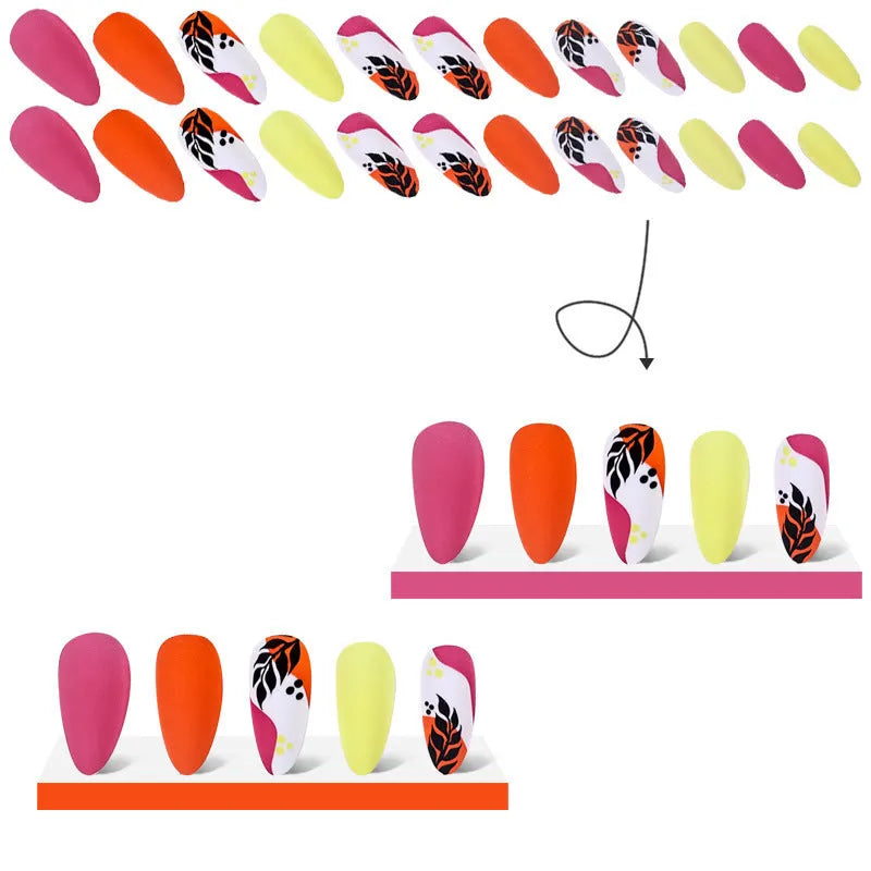 Wear Armour medium almond frosted nail stickers showing four designs: French leaves, plating, macarons, and leopard print