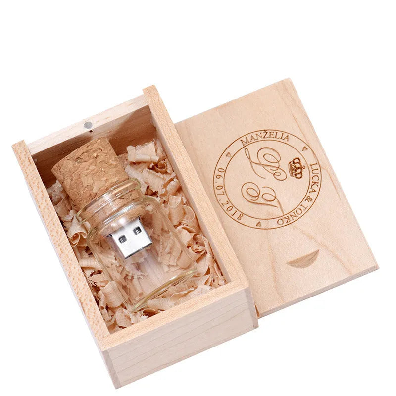 Chocolate brown wooden USB flash drive in drift bottle shape with personalised graphics option