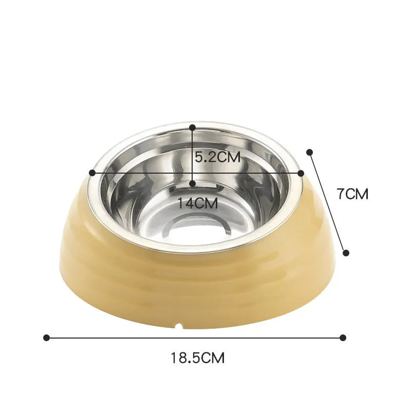 Stainless steel cat bowl in plastic base, available in light green, beige, and brown colours.