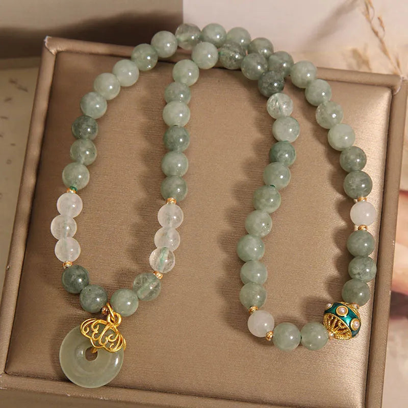 Women's green aventurine jade double-layer bracelet with crystal rhinestones and peace buckle closure