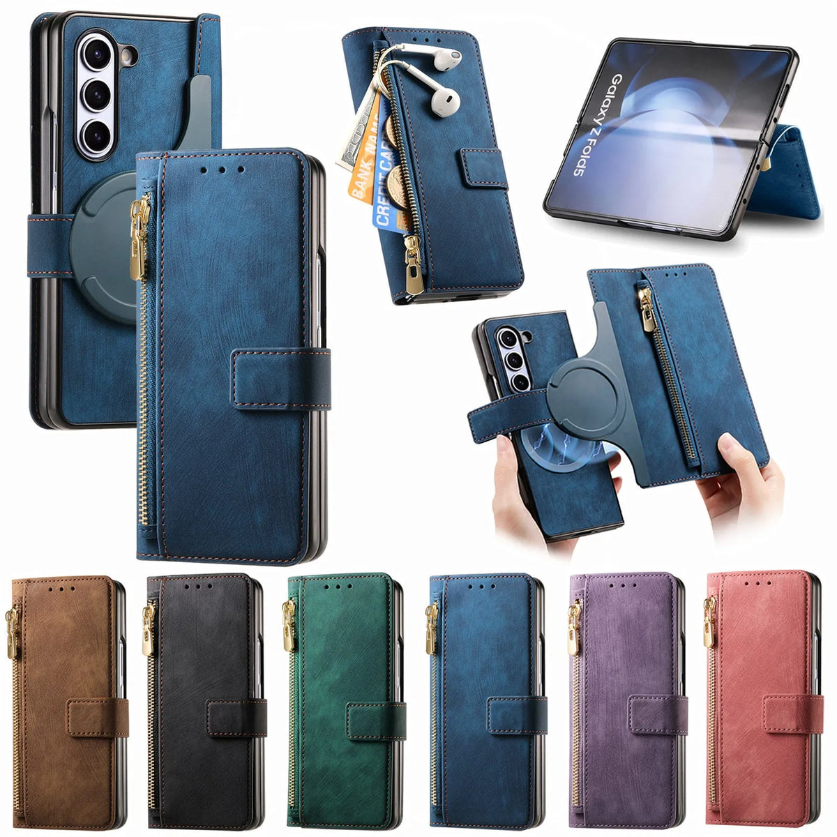Magnetic detachable zipper insert phone case for Samsung Z Fold in imitation leather with card slot and bracket