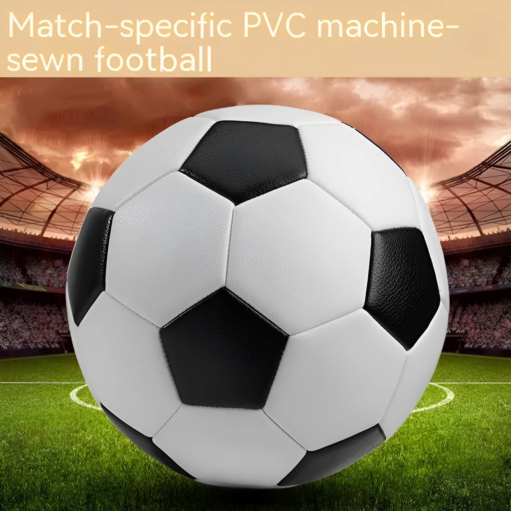 PVC machine-seam football in sizes 3, 4, and 5 for training and competition in various colours.