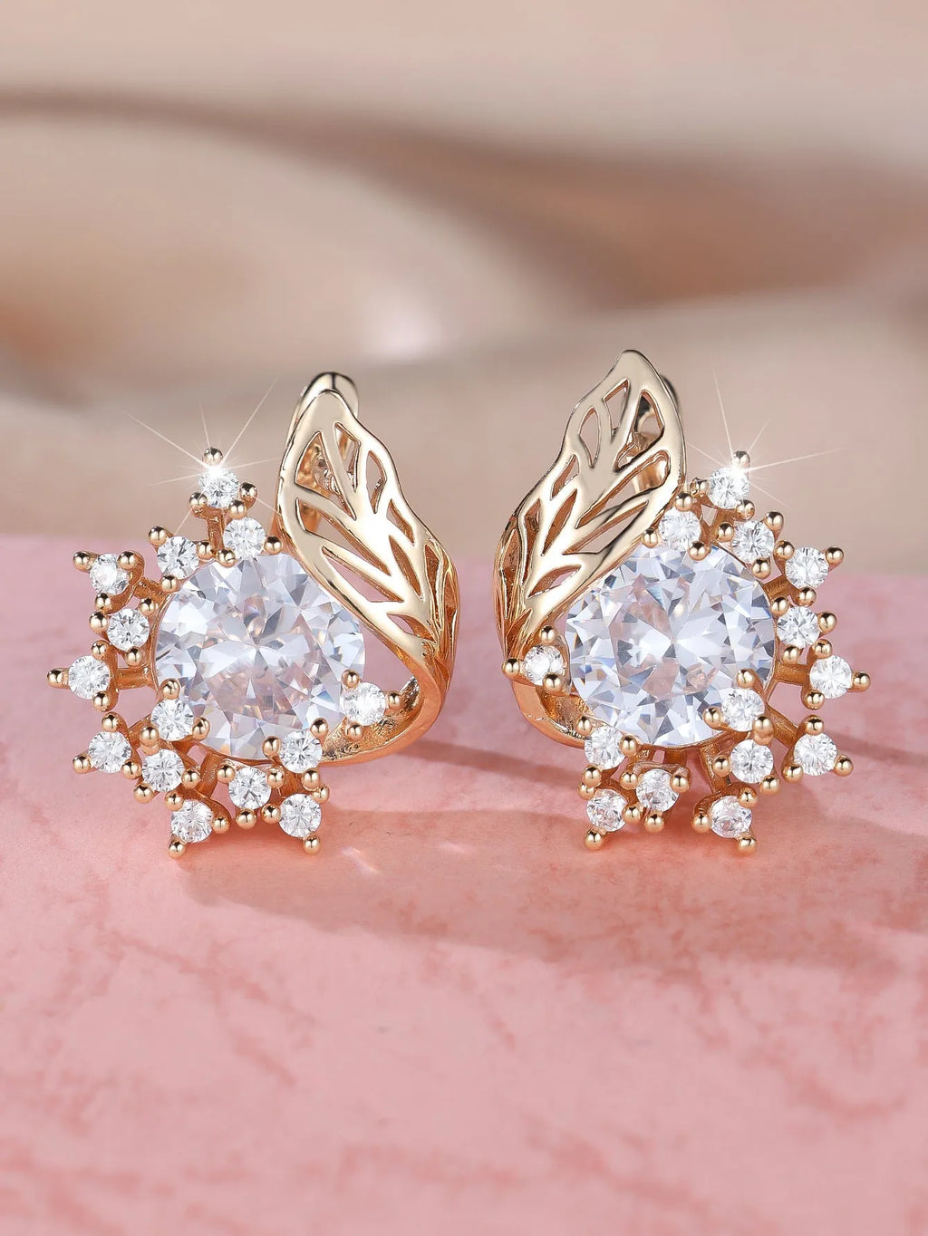 Round flower feather zircon earrings in electroplated champagne gold with coloured diamond options
