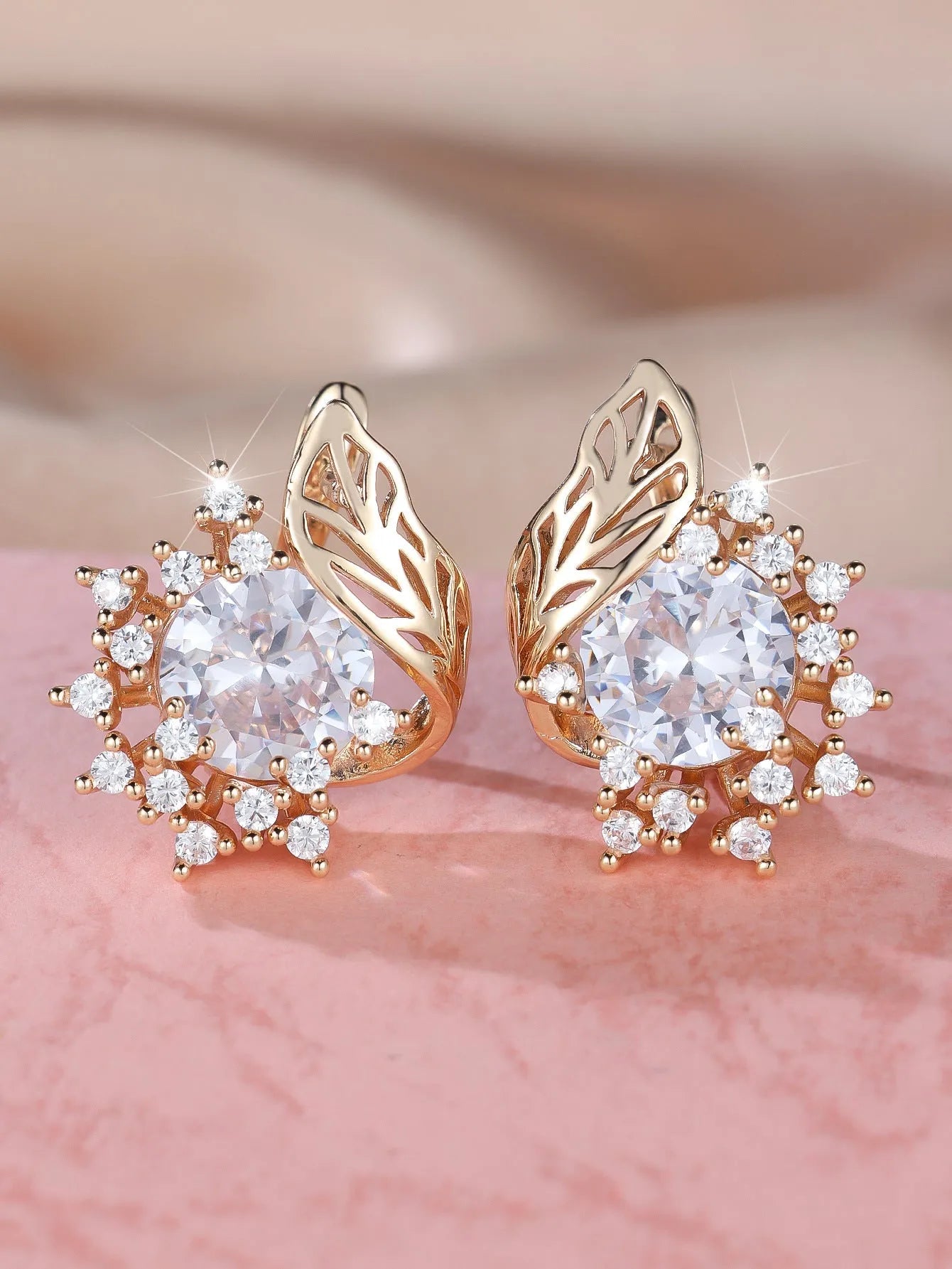 Round flower feather zircon earrings in electroplated champagne gold with coloured diamond options