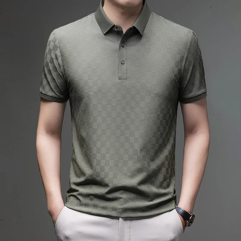 Rhombus Thin Ice Silk short sleeve T-shirt in black, showing slit design detail on a hanger.