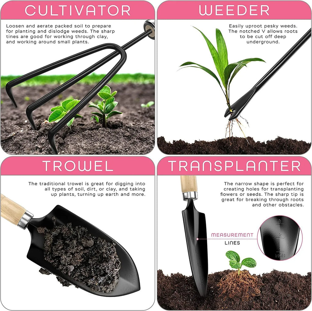 Stainless steel gardening tool set with eight pieces for garden use.