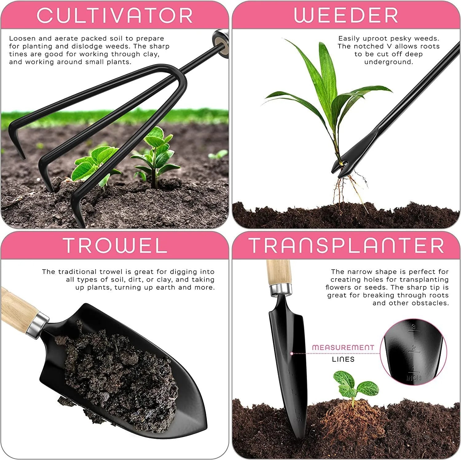 Stainless steel gardening tool set with eight pieces for garden use.