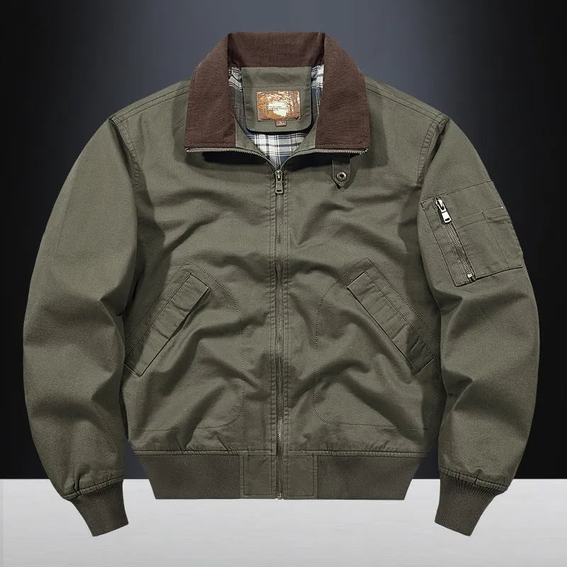 Men's plus size washed cotton baseball flight jacket in beige colour