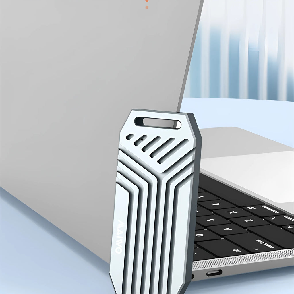 Silver and grey aluminium Lightning 4 external M.2 SSD enclosure showing compact size.