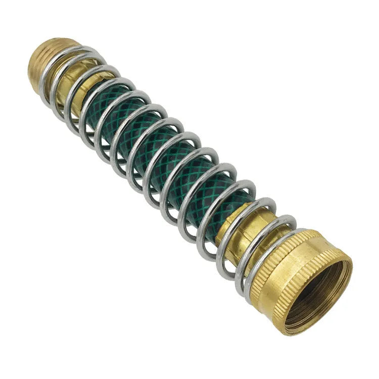 Brass garden hose connector with spiral spring to prevent kinks, showing 3/4 inch threaded ends