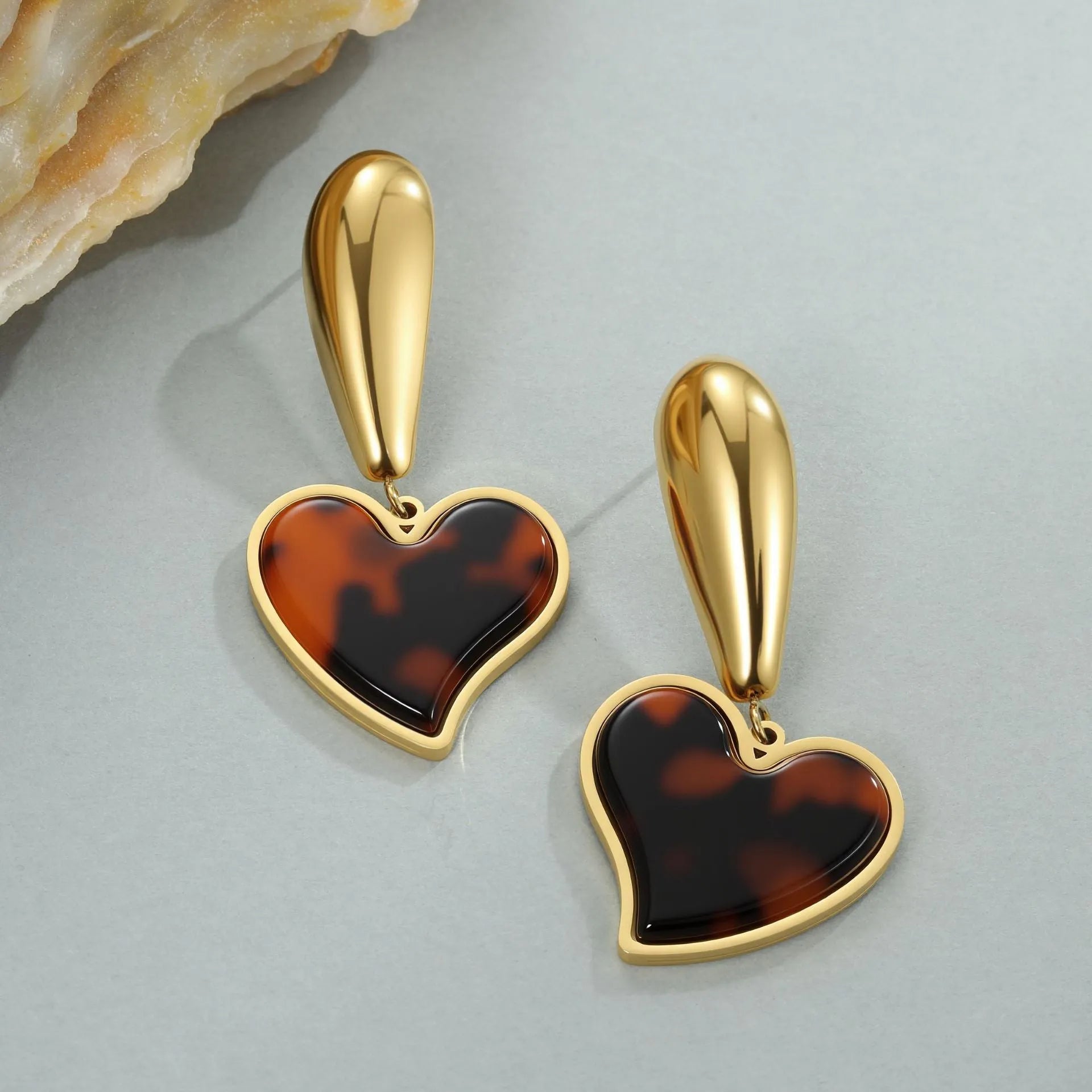 Tortoiseshell resin hawksbill colour earrings with 18K electroplated stainless steel in heart or flower geometric designs