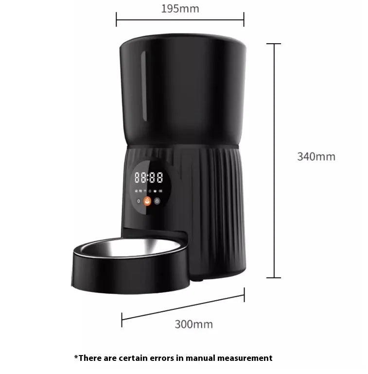 Black automatic pet feeder with digital display and food compartment