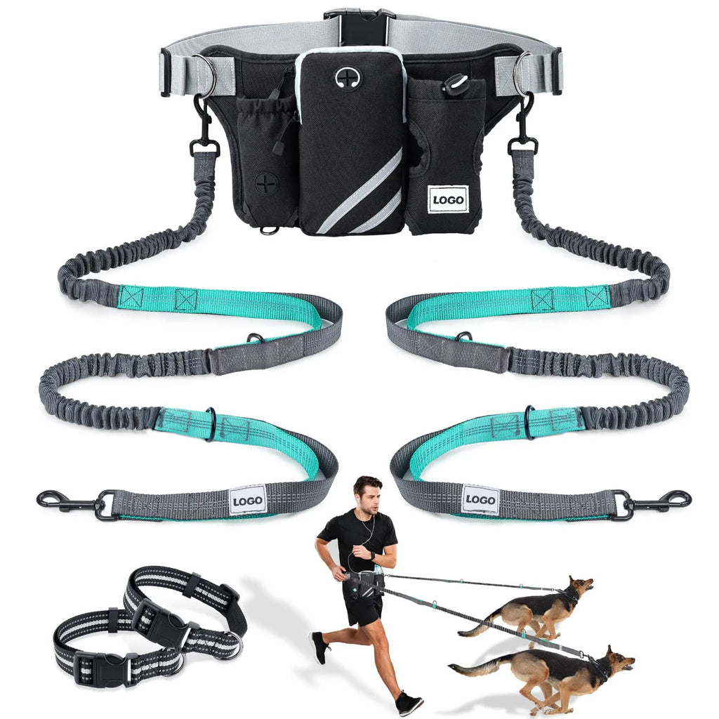 Black nylon outdoor pet training waist bag with integrated dog walking leash