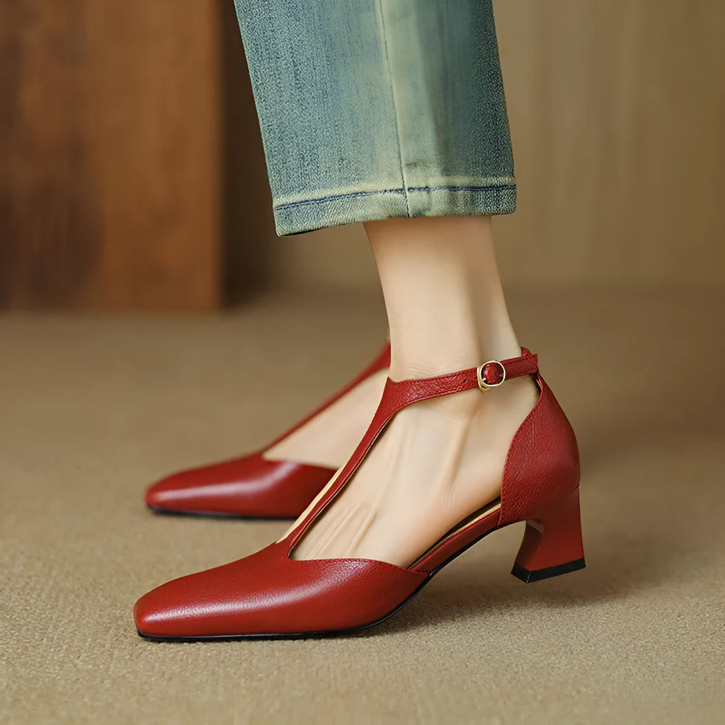 French retro square toe chunky heel shoes in sheepskin leather with buckle fastening