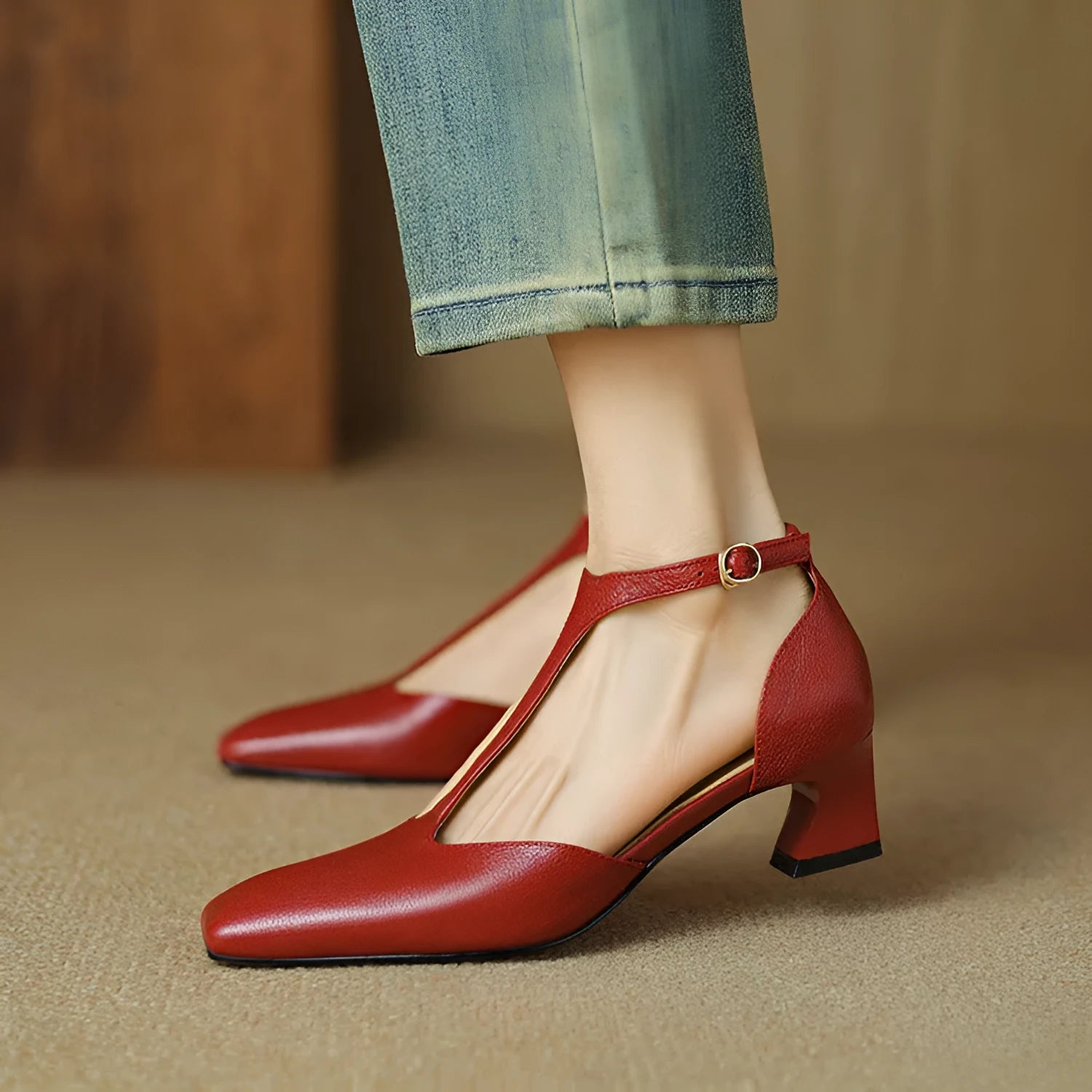 French retro square toe chunky heel shoes in sheepskin leather with buckle fastening