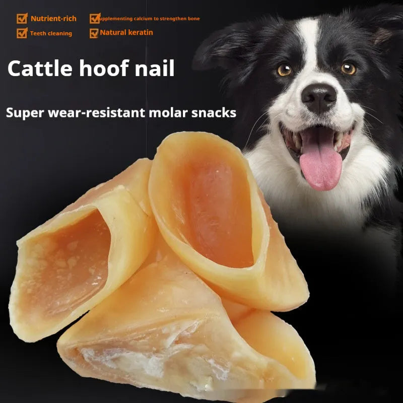Natural cowhide dog grinding rod chew in hoof shell colour with size options for small and large dogs