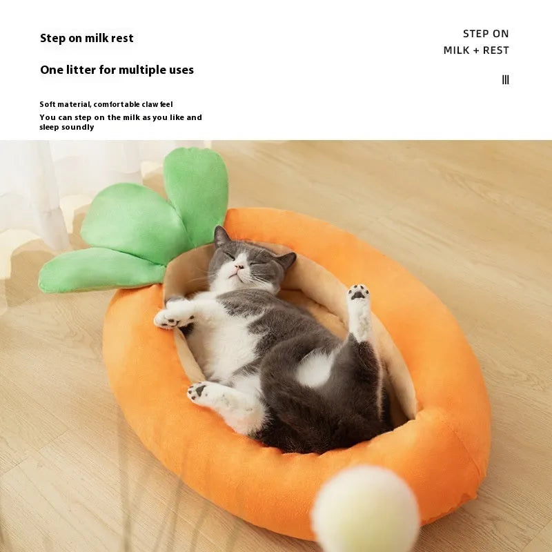 Cartoon carrot pattern double-sided removable washable cloth dog bed in medium and large sizes.