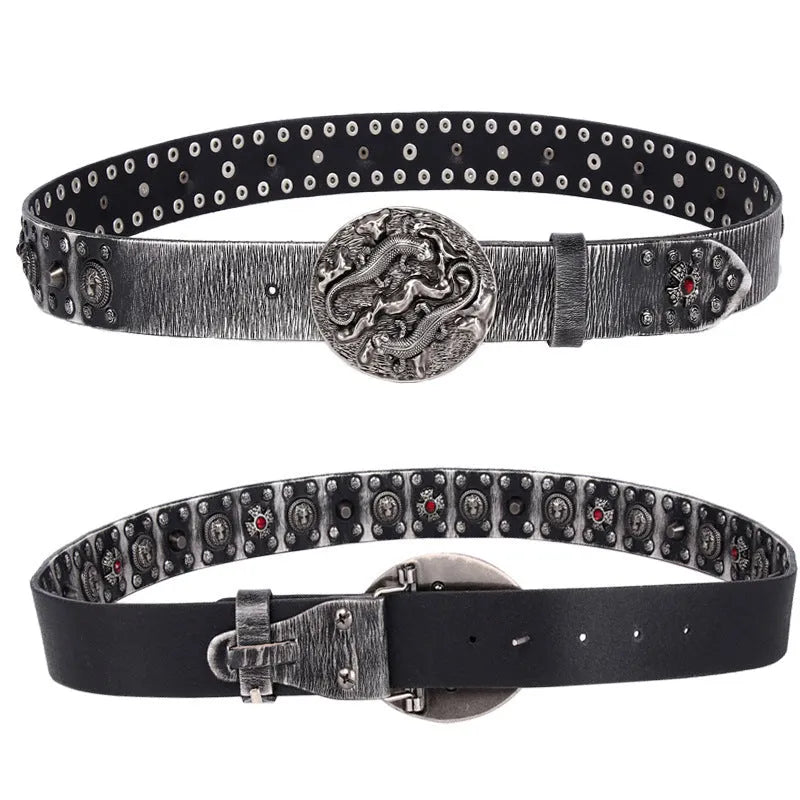 Men's black punk-style genuine leather belt with silver rivets and an alloy buckle.