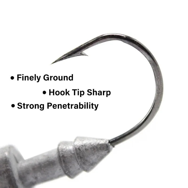 Simulation Yayu shaped lead head fishing jig hooks in blue, silver, and yellow colours showing fish-shaped design.
