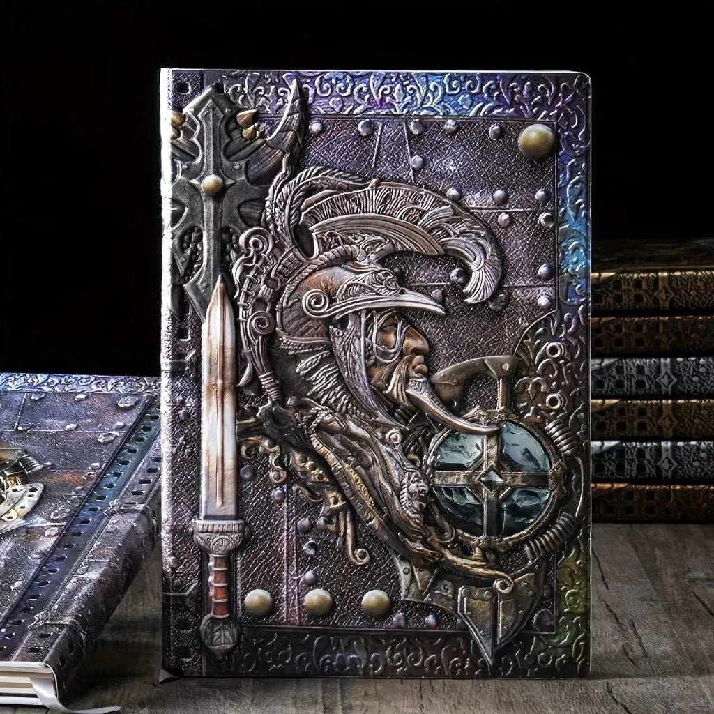 A5 leather notebook with embossed 3D warriors relief design on the cover
