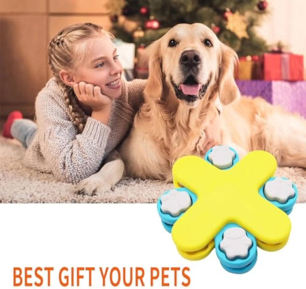 Yellow dog puzzle feeder toy with three rotating layers and a non-slip base for slow feeding and IQ training.