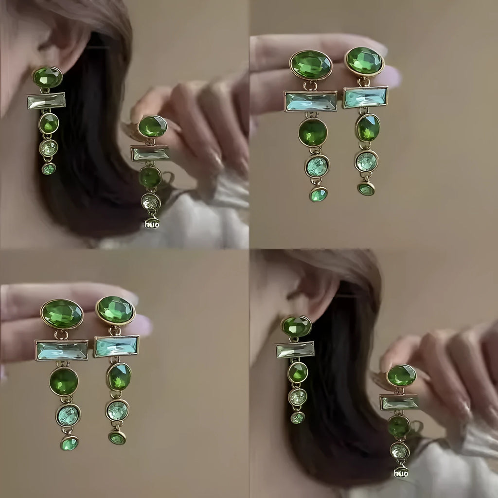 A pair of green gradient geometric Chinese style alloy earrings with inlaid zircon stones.