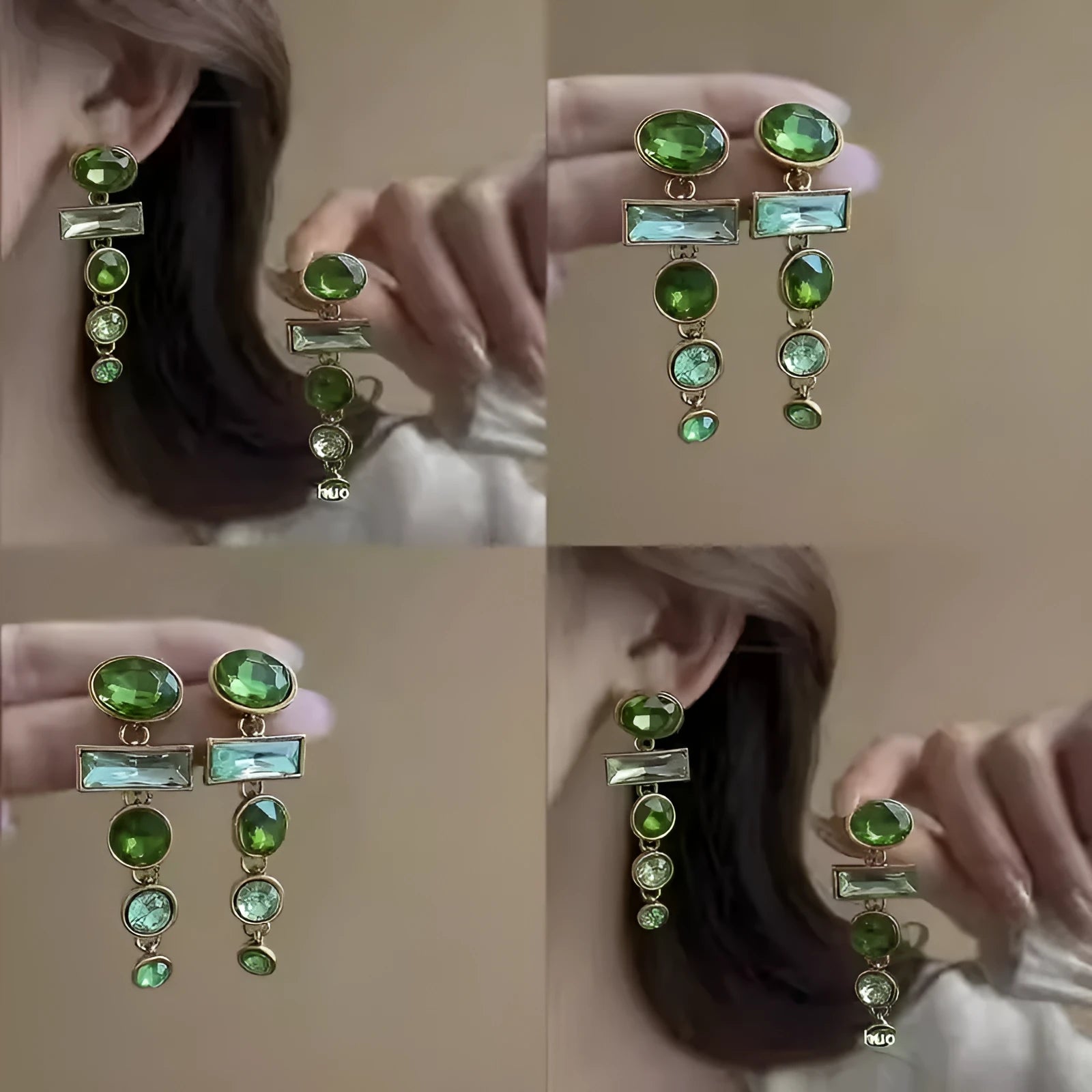 A pair of green gradient geometric Chinese style alloy earrings with inlaid zircon stones.